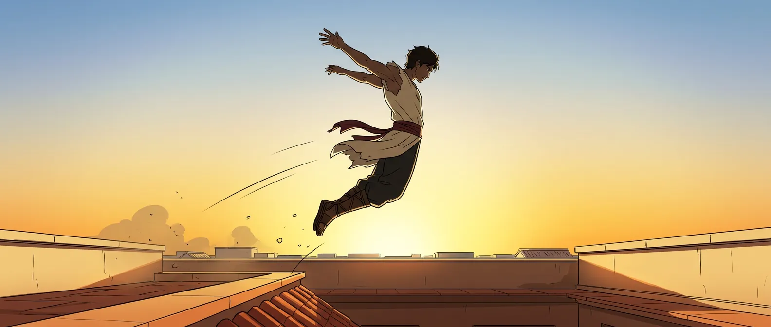Storyboard frame: a young thief leaps between rooftops, silhouetted against a low sun at golden hour