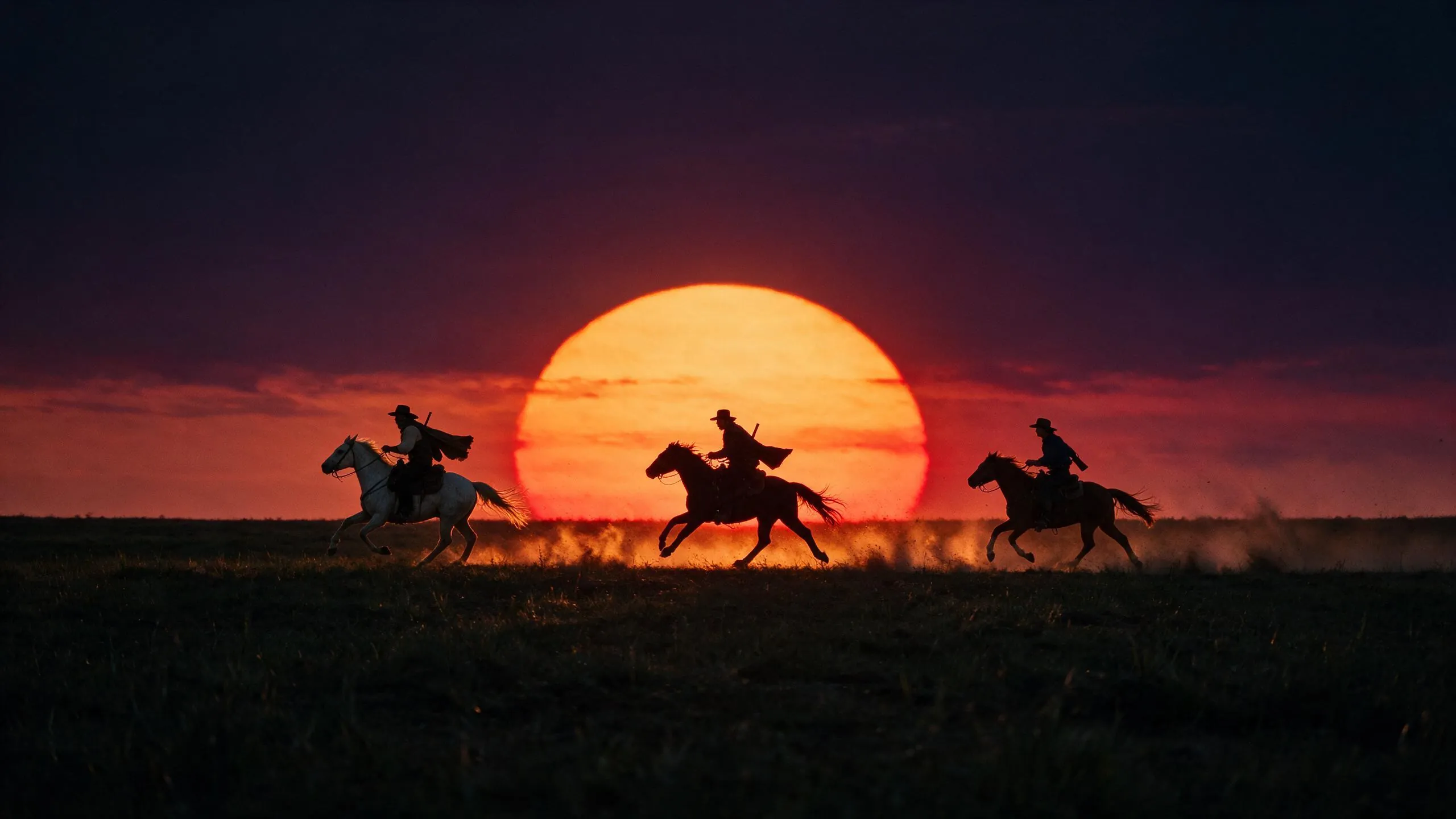 Storyboard frame: three riders galloping in silhouette across the face of a red setting sun