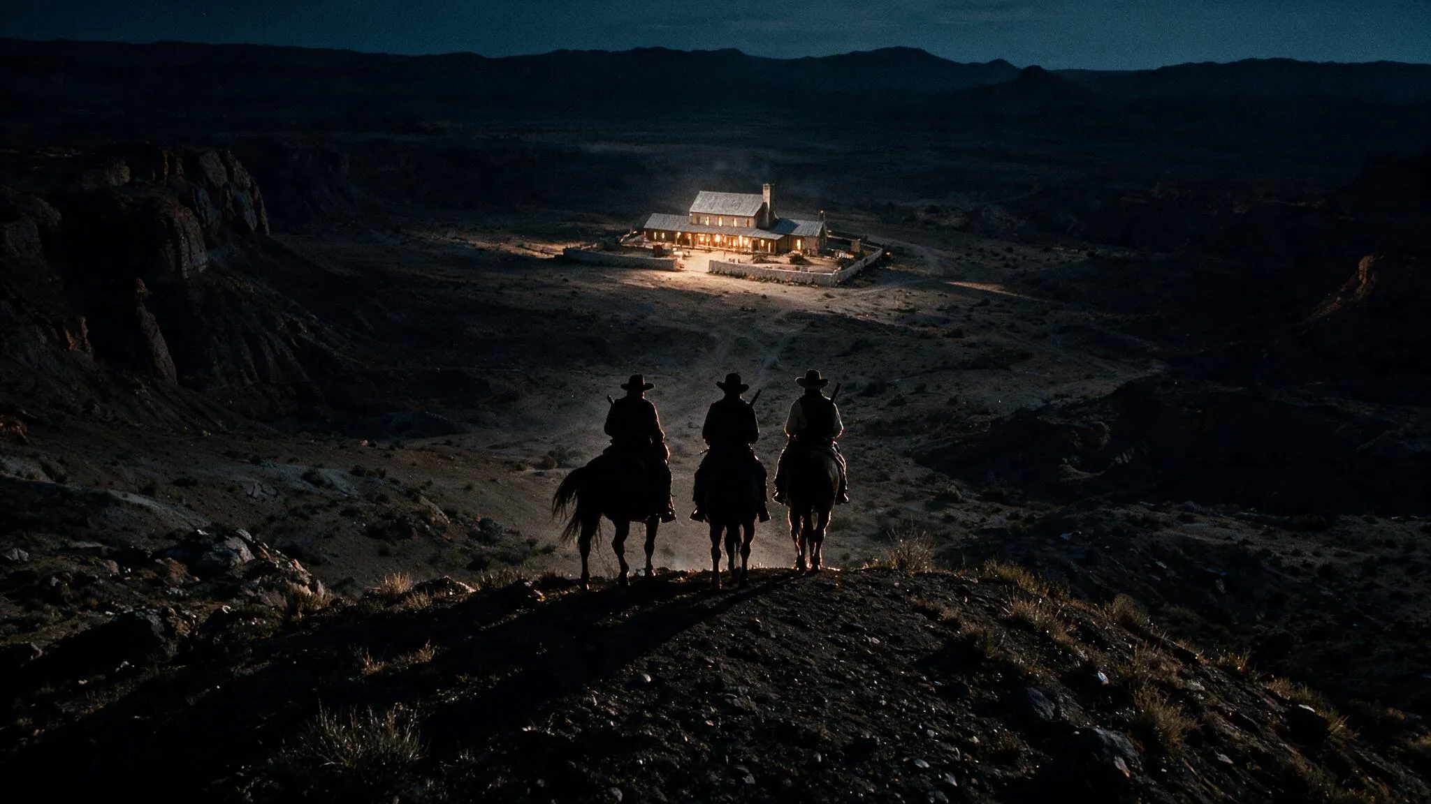 Storyboard frame: three riders halted on a ridge at night, looking down at a lit ranch house below