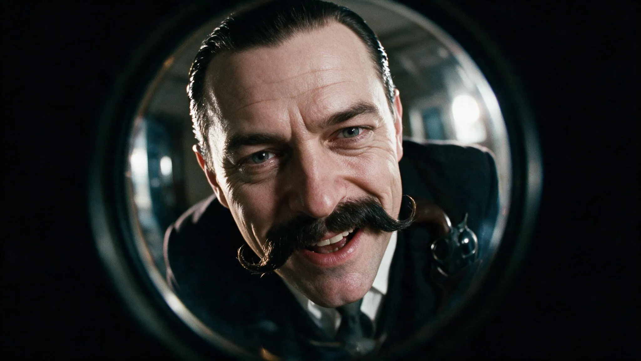 Storyboard frame: a moustached man grinning into a fisheye lens, framed by a circular doorway